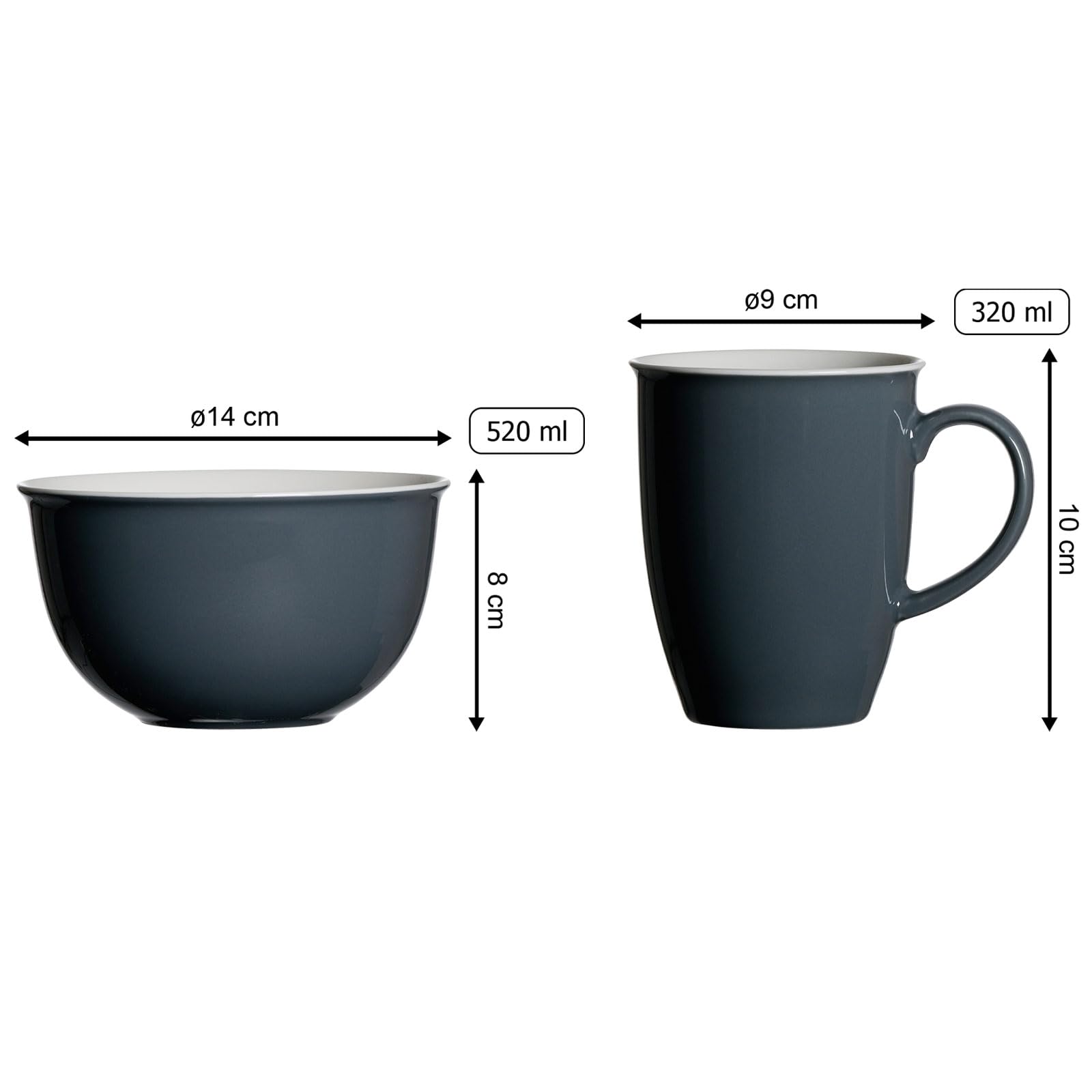 Frühstücks-Set Doppio mit personalisierter Gravur, Kaffeebecher (320 ml) und Müslischale (14 cm) mit 2-zeiligem Gravurbereich, Lasergravur in Silber, Porzellan, Anthrazit