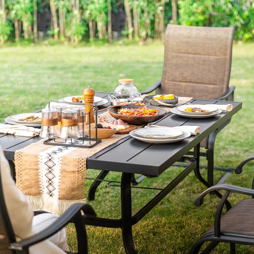 Image of NUU GARDEN 7 Piece Outdoor Patio Dining Set for 6, 61 inch Rectangular Dining Table with Umbrella Hole and 6 All-Weather Padded Textilene Chairs, Brown and Black