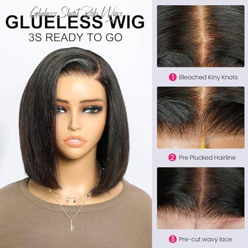 Ready to Go Glueless Wig 200% Density Brazilian Virgin Human Hair Wig Pre Cut 5x6 Lace Front Wigs for Black Women Upgraded Pre Plucked Bleached Invisible Knots Bob Wig Human Hair Natural Black Color - Image 2
