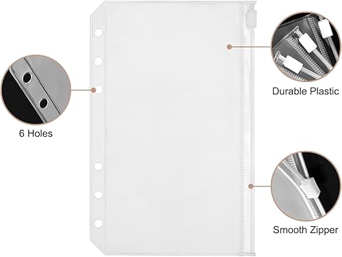 Miniatura 3 de Bidponds 12 bolsillos para carpeta A6, sobres de efectivo con 6 agujeros para presupuesto, bolsa de plástico transparente con cremallera para