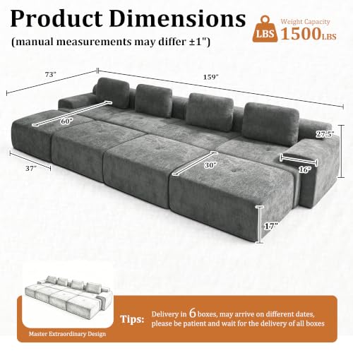 Image of 159 inch Oversized Boneless Couch, Comfort Cloud Sectional Couches for Living Room, Modular Sofa High Back & Extra Deep Seat, No Assembly, Soft Chenille Fabric (Dark Grey, 159 inch-(4+4))