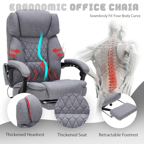 Image of Massage Office Chair with Foot Rest 6 Points Vibration and Heat Home Office Desk Chairs for Heavy People 400lbs Reclining Managerial Chairs Ergonomic Executive Chair (Grey)