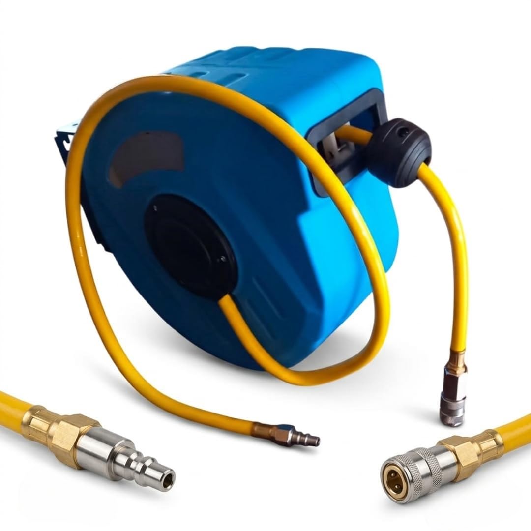 Avvolgitubo Aria Compressa Automatico 12 Metri, Tubo Flessibile in PVC Rinforzato con Attacco Rapido 1/4", Supporto a Parete Girevole 180°, Sistema di Blocco e Riavvolgimento per Officina e Garage