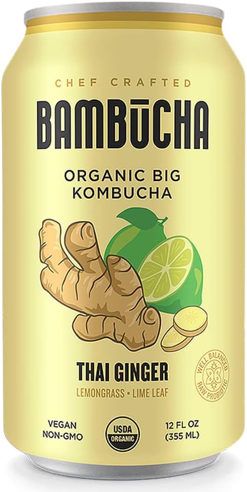 Bambucha Kombucha Thai Ginger 12 Pack Case | Chef Crafted Flavor, 100% Raw Kombucha Tea Drink | Organic, Vegan, Gluten Free, Non GMO, Probiotic (12 Fl Oz Cans)