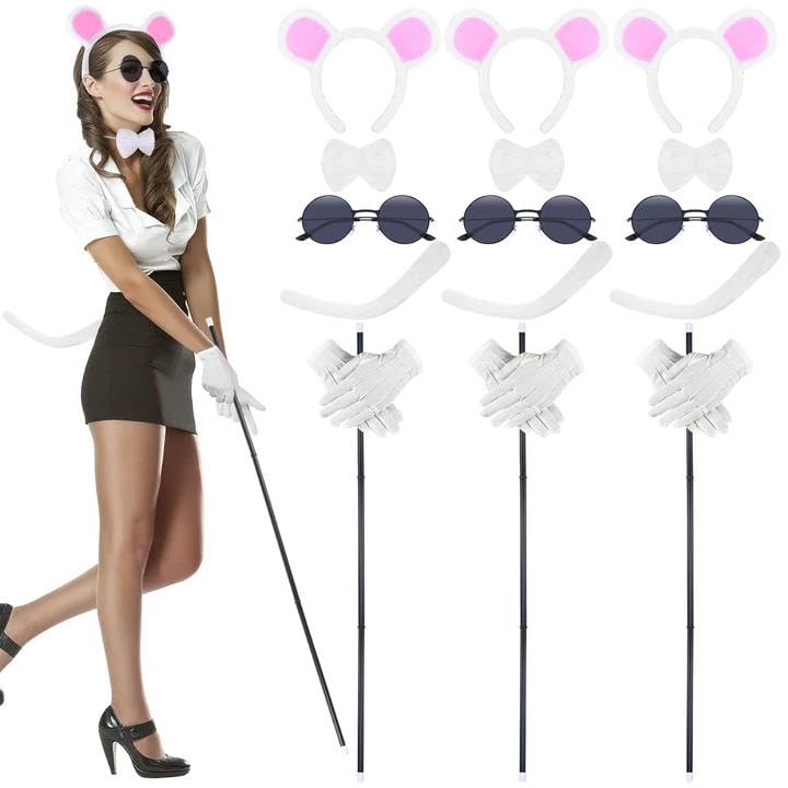 Halloween Mouse Costume Accessories Set Mouse Headbands Ears Bow Tie Tail Round Sunglasses Blind Cane White Gloves (White)
