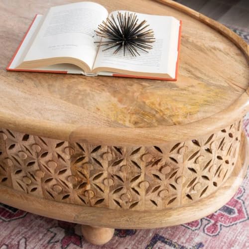 Image of Wooden Coffee Table for Living Room | Kara Solid Wood Handcrafted Center Table for Living Room | Oval Tea Table for Living Room | Wooden Furniture for Home (Natural)
