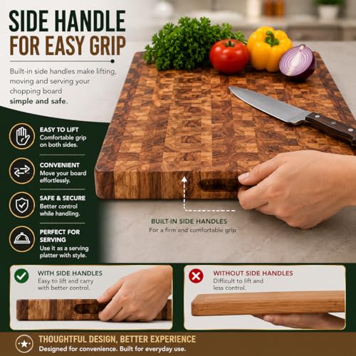 Image of Handcrafted Wooden Chopping Board for Kitchen | Cutting Board & Serving Platter | Food Safe Wooden Board for Vegetables, Fruits, Cheese & Bread | Multiple Designs (End Grain Block, Sheesham Wood)
