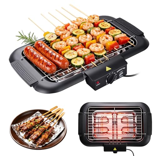 Teodute 2000W Parrilla Eléctrica, 6 Niveles Control Temperatura Hasta 350°C, Baja Emisión Humo Altura Ajustable Plancha Electrica Grill Electrico para Fiestas de Jardín y Celebracione Familiare