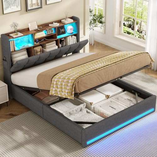 AOGLLATI Lit Coffre 140x190, Lit 140x190 avec Sommier à Lattes en Bois Capitonné avec Multiprise...