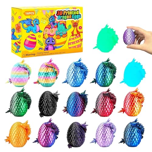 16PCS 3D Printed Dragon Eggs with Dragon Inside Set - Upgraded Multicolor Easter Basket Fillers - Articulated Crystal Mini Fidget Animals Kit, Cool & Fun Easter Gift, Home & Office Decor