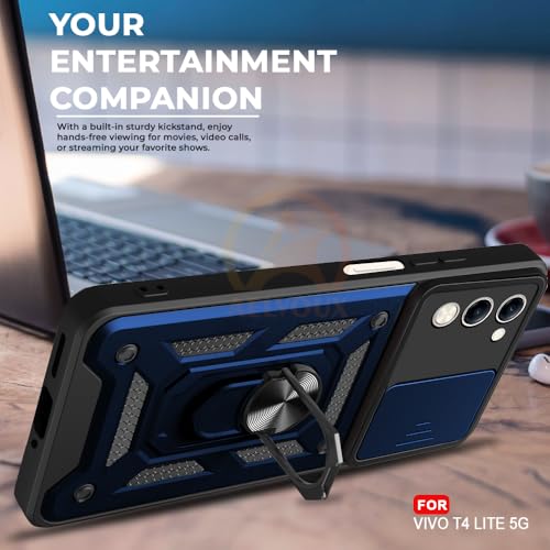 Image of Armor Bumper Back Cover Case for Vivo T4 Lite /iQOO Z10 Lite 5G | Rotating Camera Cover, Ring Holder & Kickstand | Heavy Duty & 360 Degree Protection Back Cover (Blue)