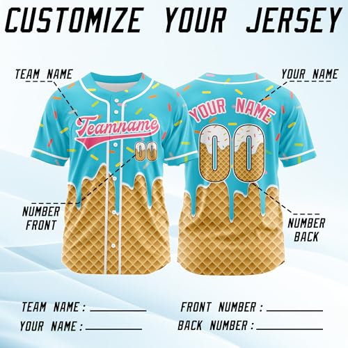 Camiseta de béisbol Ice Cream personalizada con nombre, número y logo para hombres, mujeres y jóvenes miniatura 3