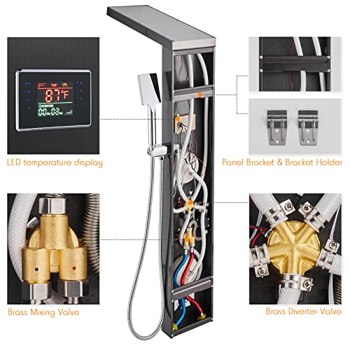 Rovate Shower Panel Tower System With Led Rainfall Waterfall Shower Head, 5-In-1 Led Stainless Steel Shower Panel System With Round Body Jets, Handheld And Tub Spout, Black Finish #TOP4