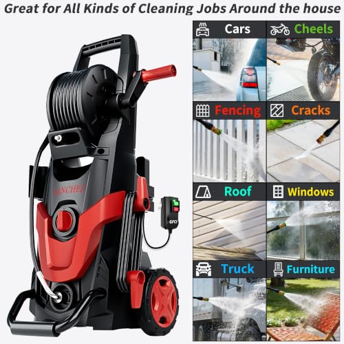 Image of 2026Upgraded Pressure Washer w /5 Quick Connect Nozzles, 35ft Power Cord w /GFCI, Inlet Hose & Filter& Soap Tank for Cars /Driveways /Home Cleaning, Bright Red