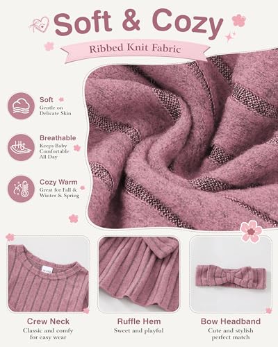 Image of SODLON Baby Girl Clothes Toddler Fall Winter Outfits Ruffle Long Sleeve Bow Top Flared Pants Set Bell Bottom Clothing 18M-5T