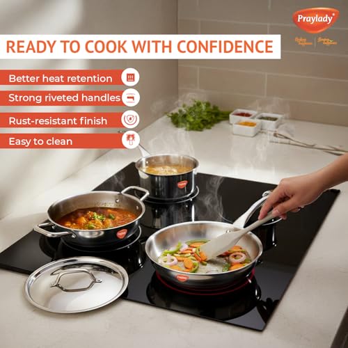 Praylady Triplus Aura Triply Stainless Steel Cookware Set (4 Piece) | 2.5mm Thick with 3 Layer | 24cm Kadai with Lid, 22cm Fry Pan, 16cm Saucepan |... - Image 6