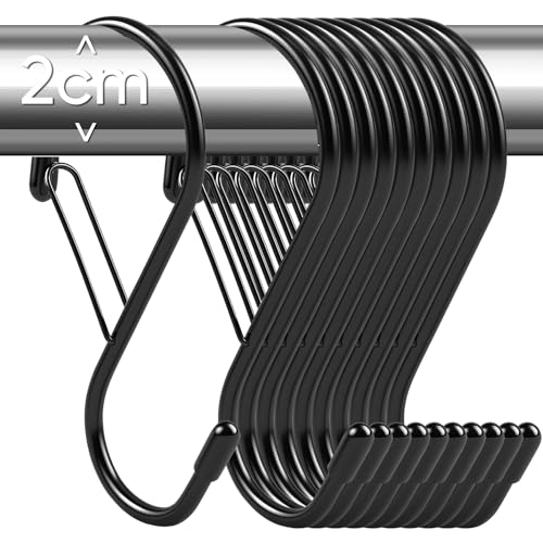 Dapute 10 Pack 10cm Large S Hooks for Hanging with Safety Buckle- Heavy Duty Solid Metal Steel Black S Shaped Closet Hooks for Hanging Plants Kitchen Utensils Jeans Bags Pots Fit Most of Rod