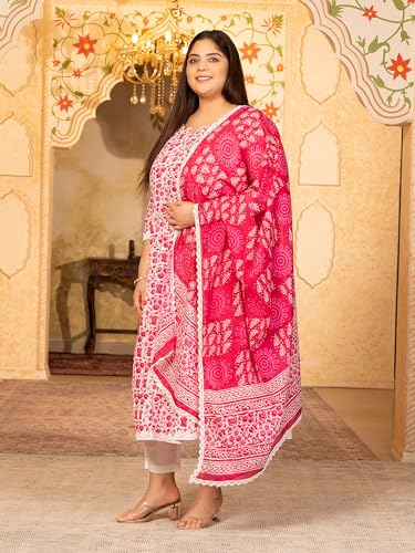 Image of MEERA FAB Women's Pure Cotton Printed Anarkali Kurta with Palazzos & Dupatta