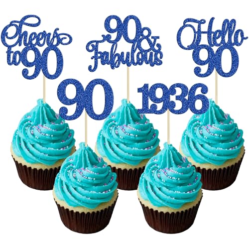 Gyufise 30Pcs 90th Birthday Cupcake Toppers 90 Fabulous Cupcake Picks Cheers to 90 1936 Cake Decorations for Happy 90th Birthday Wedding Anniversary Party Decoration Supplies Blue