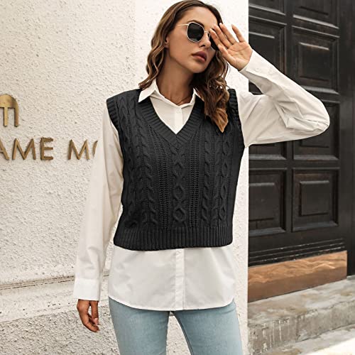 Image of jinghuiyue Women's Stripe Sweater Vest Classic V Neck Cable Knit Vest Sleeveless Pullover Ribbed Tank Tops