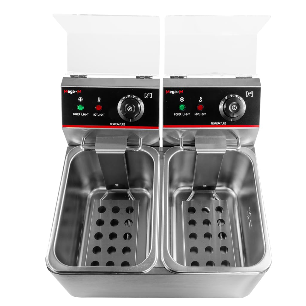 Mega-M Gastro-Fritteuse Elektro Zweikammer 2x4l 2x2kW, einstellbar mit Deckel, 45x40x30cm, Edelstahl inox, 230V (2 Fächer / 2x4L)