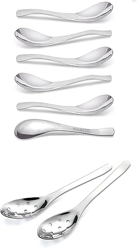 AOOSY - 6 cucharas de acero inoxidable, 2 cucharas pequeñas ranuradas, pesadas, modernas, elegantes, gruesas, de mango corto, 304 cucharas de acero