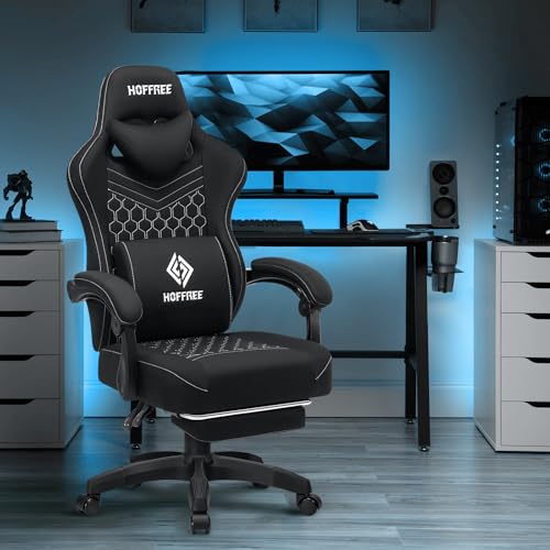 HOFFREE Gaming Chair Computer Chair Fabric with Bluetooth Speakers Massage Game Chair with Footrest Ergonomic High Back Gamer Chair with Lumbar Support Reclining Gaming Chairs for Adults Black Fabric HOGC-FAB502 の商品画像 1