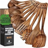 Set Utensili Cucina in Legno 10 Pezzi - Spatola Cucina e Cucchiai Legno, Accessori Cucina Fatti a Mano, Utensili Cucina Robusti e Leggeri, Ideali per Pentole e Padelle Antiaderenti, Antigraffio