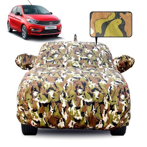 Image of 100% Waterproof Car Body Cover for Tata Tiago with Mirror Pocket, Soft Cotton Lining, Triple Stitched, Full Bottom Elastic (Heat Resistant Jungle Print with Red Piping)