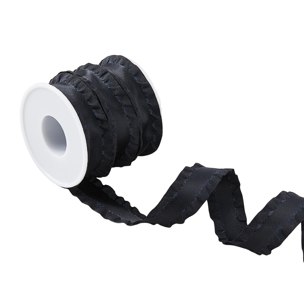 Hobbspring 10 Yards Double Ruffle Ribbon Trim Black Ruffle Pleated Trim 7/8 inch(22mm) Wide Lace Ribbons Fabric Polyester Ribbons for DIY Dress Headwear Decoration and Gift Wrapping