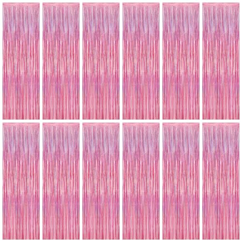 Image of 12 Pack Pink Backdrop, 3.28 FT x 7.05 FT Foil Streamers, Metallic Glitter Backdrop Pink Tinsel Fringe Curtains Party Streamers, Pink Birthday Valentines Day Party Decorations Photo Booth Props