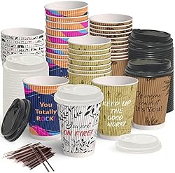 Dessie 100 Disposable Coffee Cups with Lids 12 Oz, To Go Coffee Paper Cups with Lids and Stirrers, Motivationa