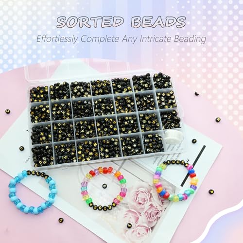 Image of Looconi 1400pcs 4x7mm Black Letter Beads Round Acrylic with Gold Alphabet A-Z Heart Pattern Beads and Crystal Line for Jewelry Making (Black&Gold)