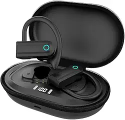 Fone de Ouvido com bateria de longa duração, Bluetooth Esportivo, Gancho de Orelha, com Microfone, Display Digital, Estojo de Carregamento, Preto