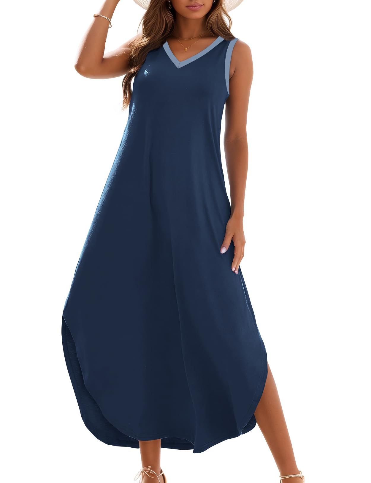 Zilcremo Women's Summer Casual Loose Sundress Long Dress Sleeveless V Neck Split Tshirt Maxi Dresses