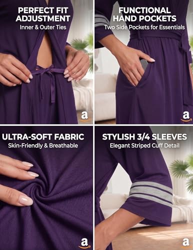 Image of Ekouaer Womens Robe Lightweight 3 /4 Sleeve Soft Knit Bathrobe Sleepwear