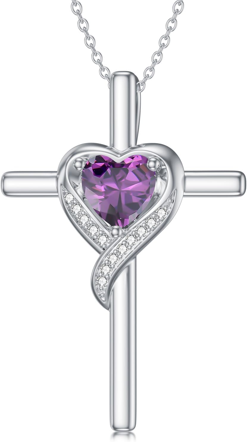 TOUPOP Birthstone Cross Necklace for Women 925 Sterling Silver Heart Cross Pendant Necklace Valentines Day Birthday Jewelry Gifts for Her Girlfriend Wife Mom