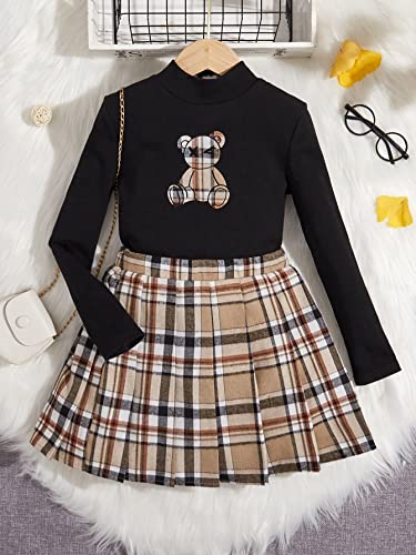 Image of Floerns Girls 2 Piece Outfit High Neck Tee Shirt with Plaid Mini Skirt Set Black Bear 8Y