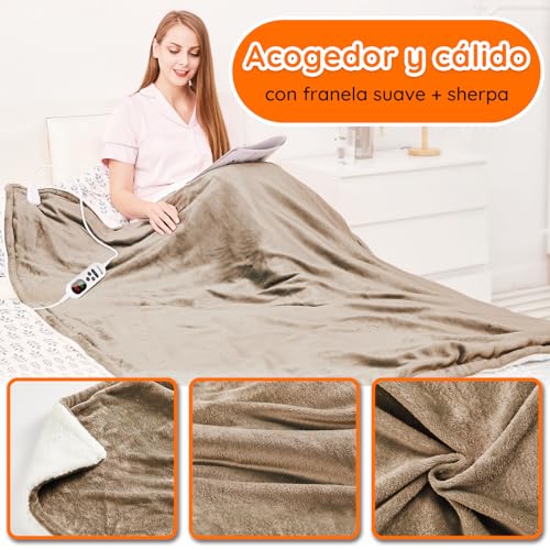 Manta eléctrica grande 130x180cm de franela lavable con 10 niveles de calor color caqui 4