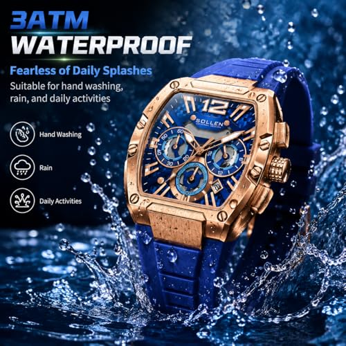 Image of SOLLEN Blue Men's Tonneau Watches, Stylish Chronograph Analog Quartz Watch | Date Window, 24 Hours, Second & Minute Chronograph, 30M Water-resistant, 40x50mm Stainless Steel Case, Silicone Strap, Gift