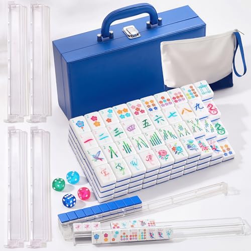 LaRandom American Mahjong Set 168 Acrylic Numbered Tiles, 4 All-in-One Rack/Pushers, 4 Dice, Tiles Bag and Portable Travel Case Full Size Complete Mahjong Game Set(Blue,Standard Size)