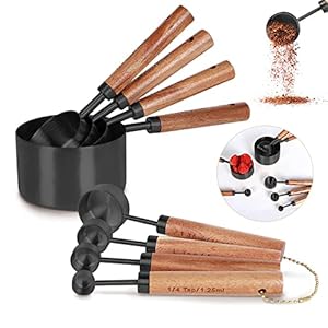 PrettyFine Collection 8 Piece Black Measuring Cups Set and Measuring Spoons, Golden With fragrant wood Handles-Complete Set of Measure Cups and Spoons For Cooking and Baking.
