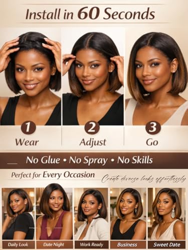 Image of Sunber Ombre Brown Balayage Yaki Straight Bob Glueless Wigs Human Hair Bye Bye Knots Pre cut 7x5 Lace Front Wig Pre Plucked Pre Bleached Knots Put and Go Highlight Brown Short Bob Wig 10Inch