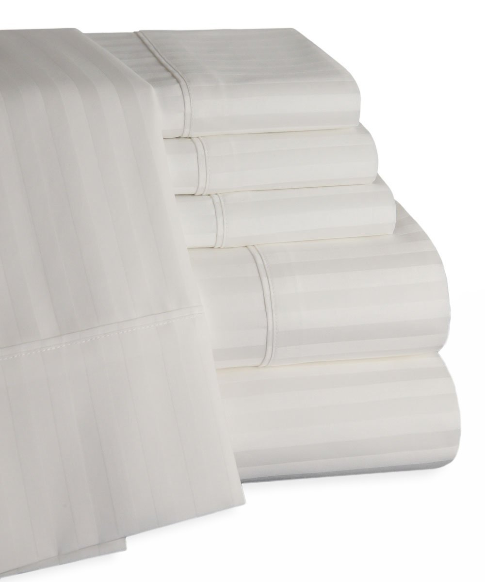 Mellanni 6 Piece 100% Egyptian Cotton Striped Bed Sheet Set - 500 Thread Count Sateen Finish Luxury Bedding - 6 Piece (Full, White)