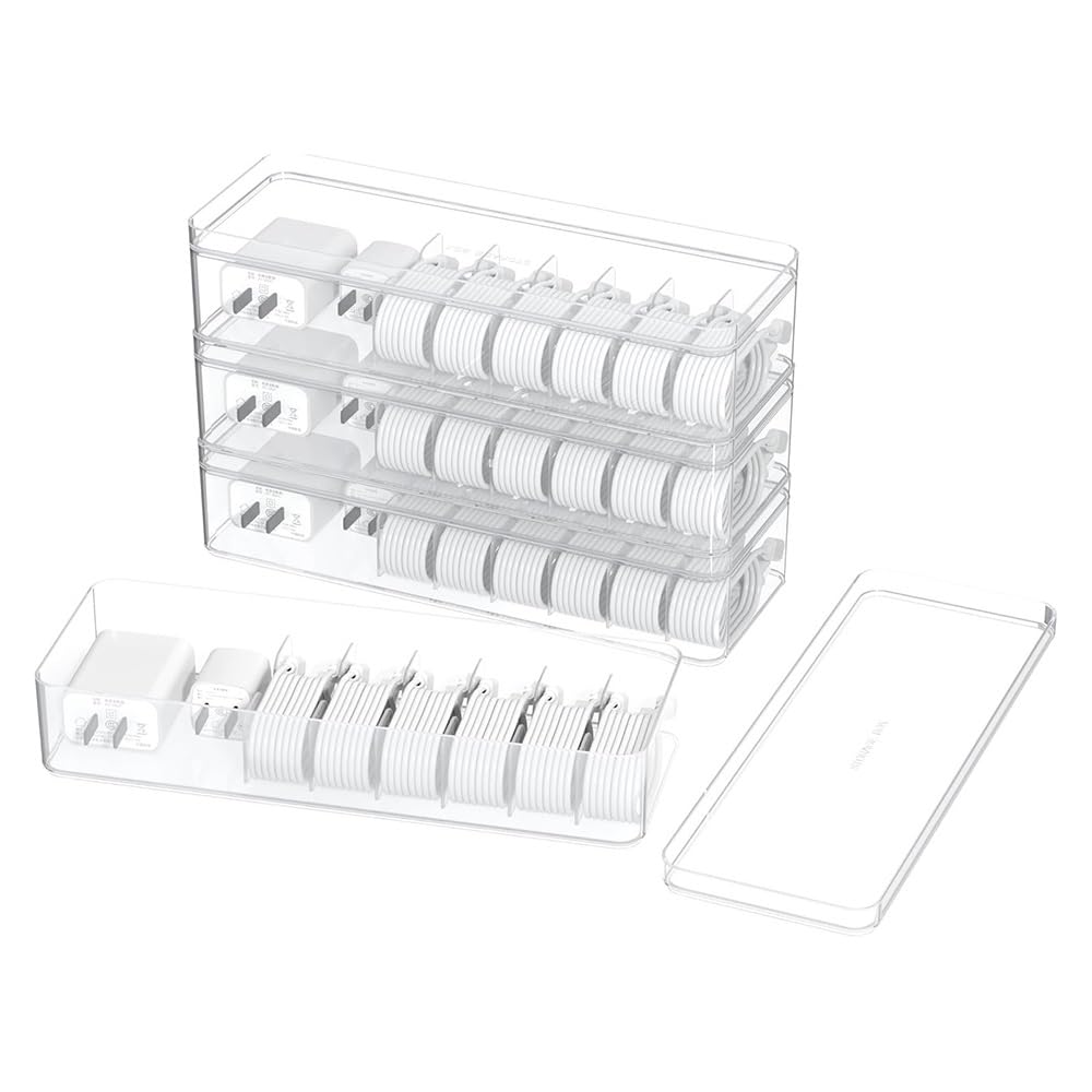 4-częściowy organizer z podziałem, przezroczysty, plastikowy pojemnik do przechowywania z pokrywką, do przechowywania kabli, biżuterii, artykułów papierniczych i małych części na biurku