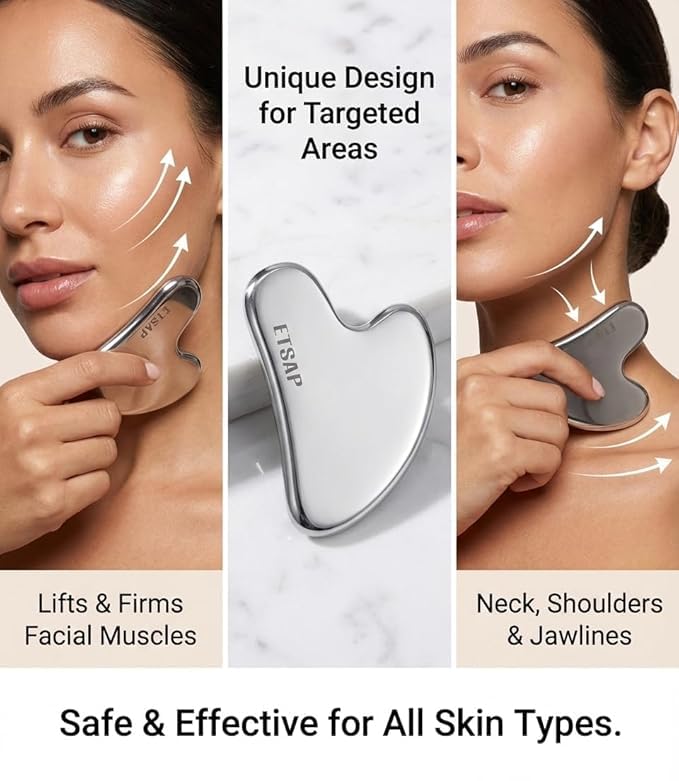 Image of Premium Stainless Steel Gua Sha,Metal Gua Sha Facial Tool. Firm Face Muscles, Reduce Puffiness, Facial Tension, Helps Lymphatic Drainage. GuaSha Beauty Tool for Body Neck Eyes (Heart Shape) (SS GUA SHA 85 GRM)