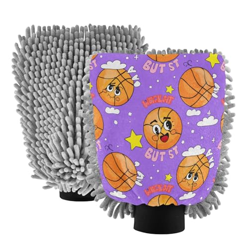 STAYTOP Cartoon Flame Basketball Car Wash Mitt Microfiber, 2Pcs Scratch Free Lint-Free, Premium Chenille Microfiber Mitt Car Wash Brush-M
