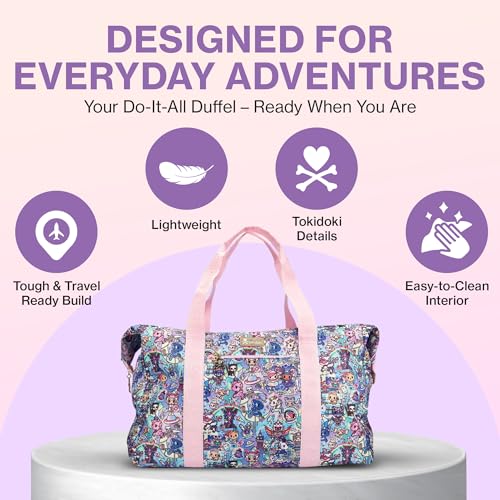 tokidoki - Travel Duffel Bag Carry-On Weekender - Double Zip Compartments, Padded Device Pocket, Adjustable Strap, Exterior & Interior Pockets - Gold Hardware, Periwinkle Lining2