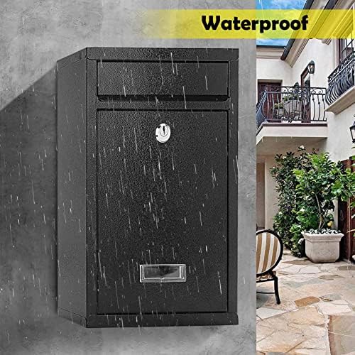 MorNon Post Box Letter Box Wall Mounted Mailbox Lockable Waterproof Letterbox Outdoor Steel Parcel Delivery Box Black 32 x 21.5 x 8.5cm