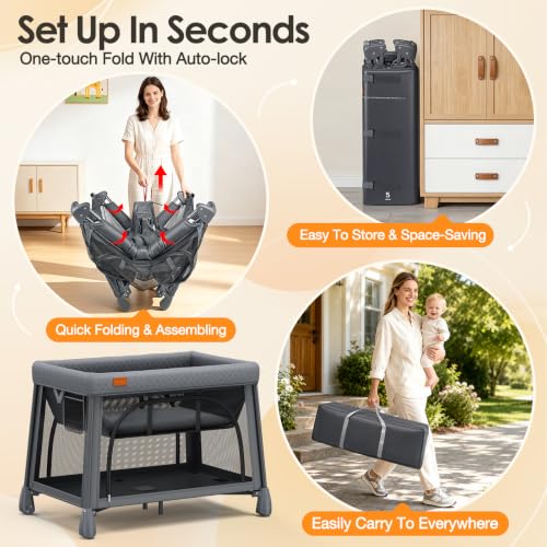 Image of UMIKU Travel Pack and Play Baby Travel Crib with Bassinet, Extra Large Foldable Portable Baby Playpen with Mattress & 2 Zipper Access, Portable Cribs Play Pen Babies Essentials Travels Bed Grey